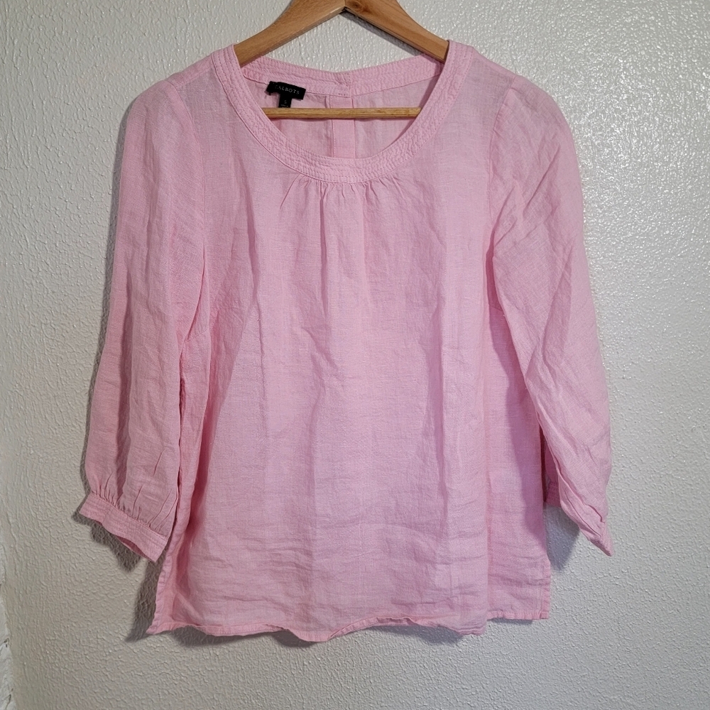 Talbots 100% Linen Button Down Back Round Neck Blouse Light Pink sz S Cross Dyed